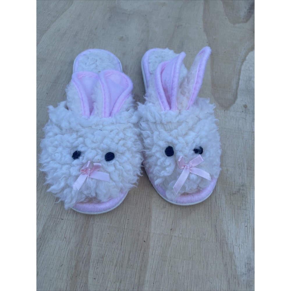 Vintage Girls Bunny Rabbit Slippers Size 11-11 1/2 Ivory With Pink Trim & Bows